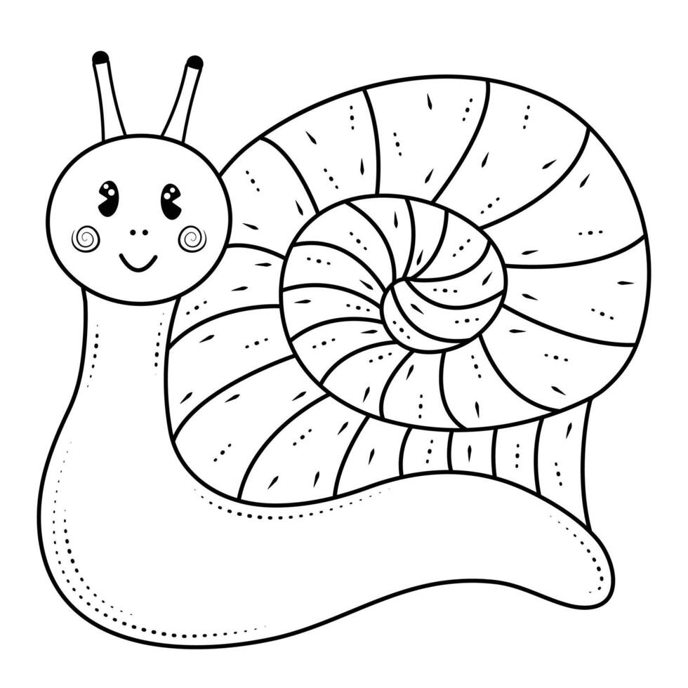 Cute and happy snail, vector black and white illustration