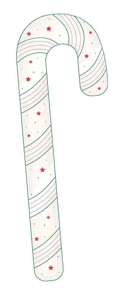 Winter candy cane with red stars, vector color line illustration
