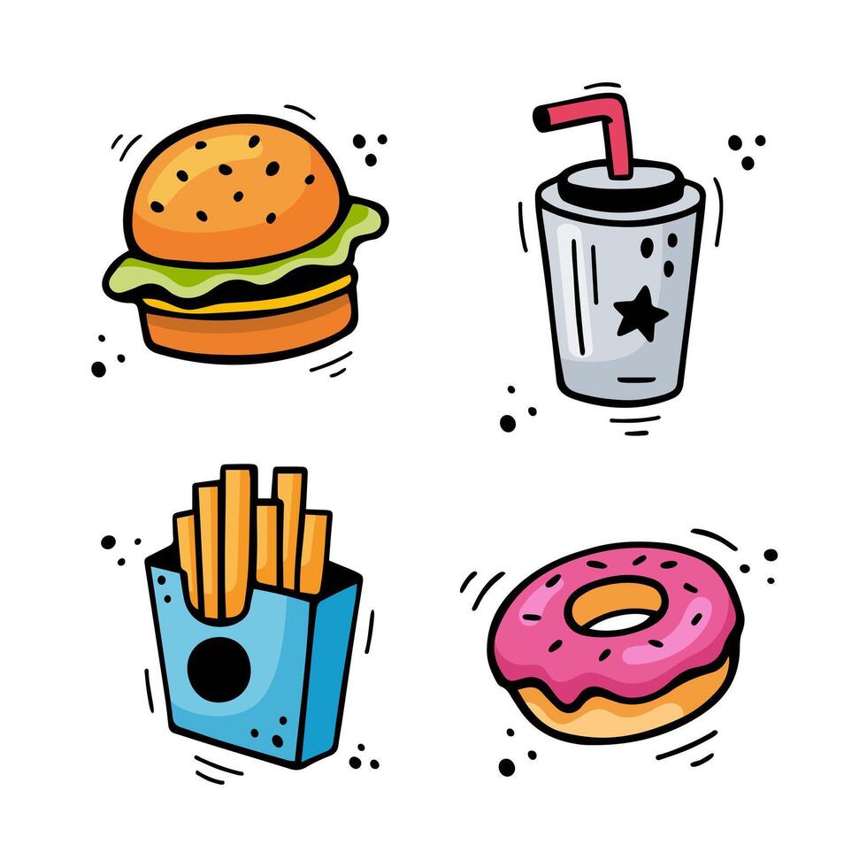 Fast food icons set - Hamburger, French fries, paper cup with drink, donut. Hand drawn fast food combination. Comic doodle sketch style. Colorful snacks drawn with felt tip pen. Vector illustration