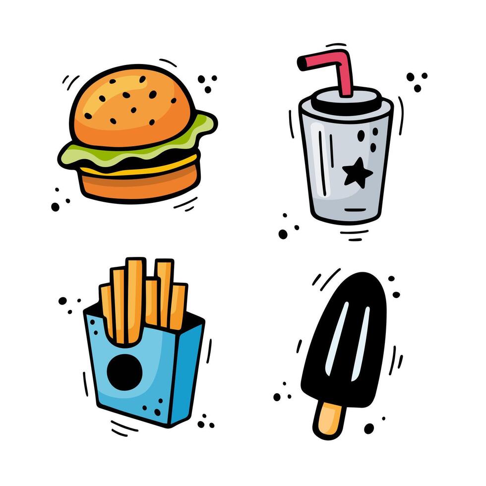 Fast food icons set - Hamburger, French fries, paper cup with drink, ice cream. Hand drawn fast food combo. Comic doodle sketch style. Colorful snacks drawn with felt tip pen. Vector illustration