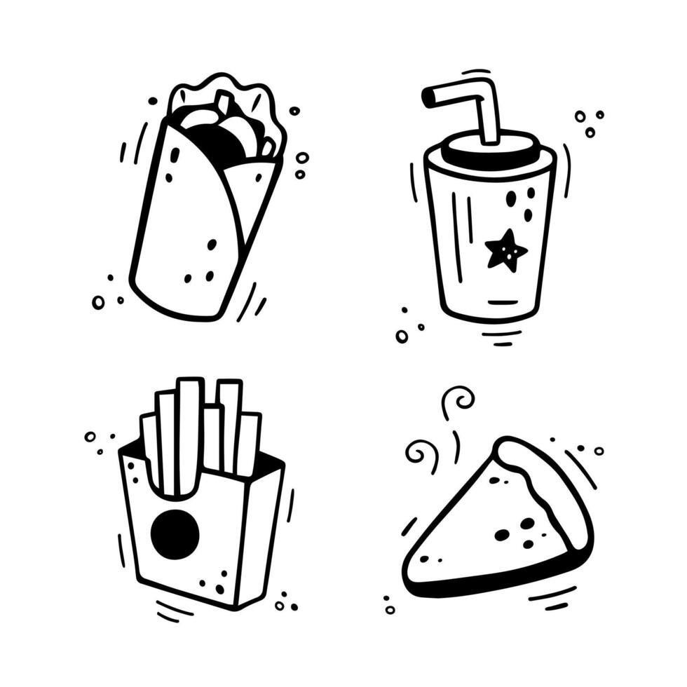 Fast food icons set - shawarma, burrito, French fries, paper cup with drink, pie, cake, tart, cheesecake Hand drawn fast food combo. Comic doodle sketch style. Vector illustration