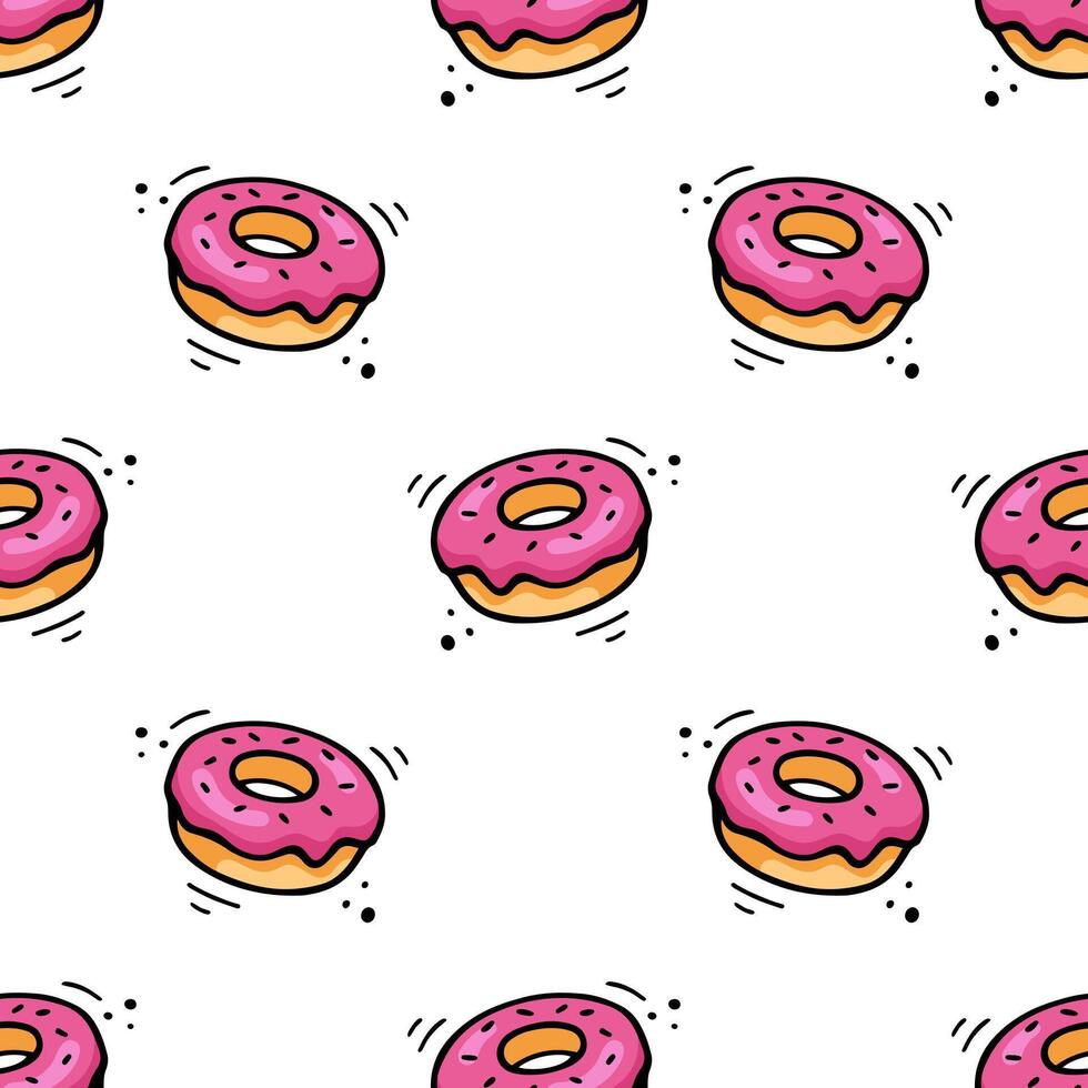 rosquilla sin costura modelo. mano dibujado bosquejo de rosquilla. rápido comida ilustración en garabatear estilo. textura con rosquilla ilustración. rápido comida patrón, textura, tela, envase papel. vector