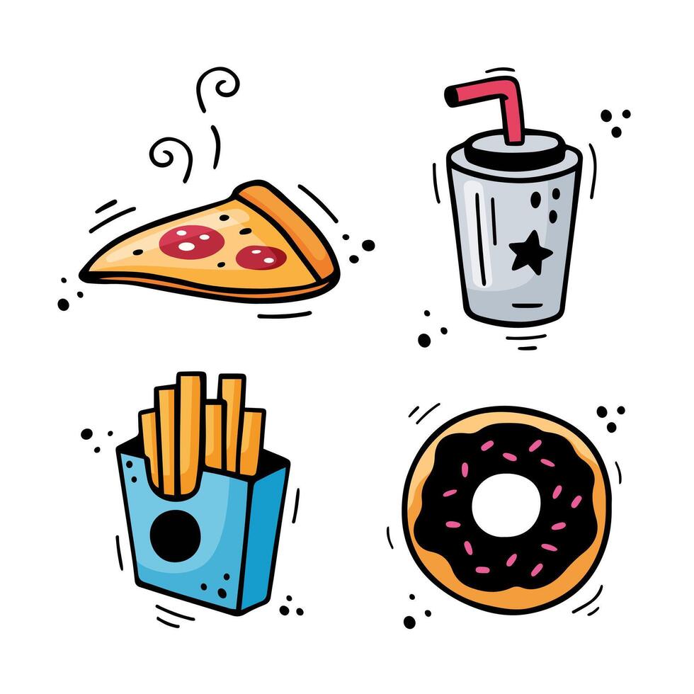 Fast food icons set - Pizza, French fries, beverage, chocolate donut. Hand drawn fast food combination. Comic doodle sketch style. Colorful snacks drawn with felt tip pen. Vector illustration