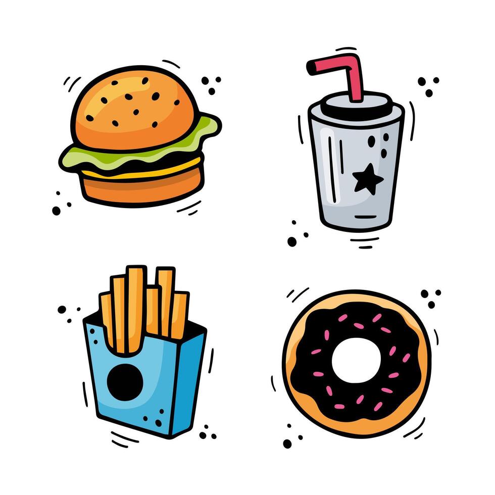 Fast food icons set - Hamburger, French fries, drink, chocolate donut. Hand drawn fast food combination. Comic doodle sketch style. Colorful snacks drawn with felt tip pen. Vector illustration