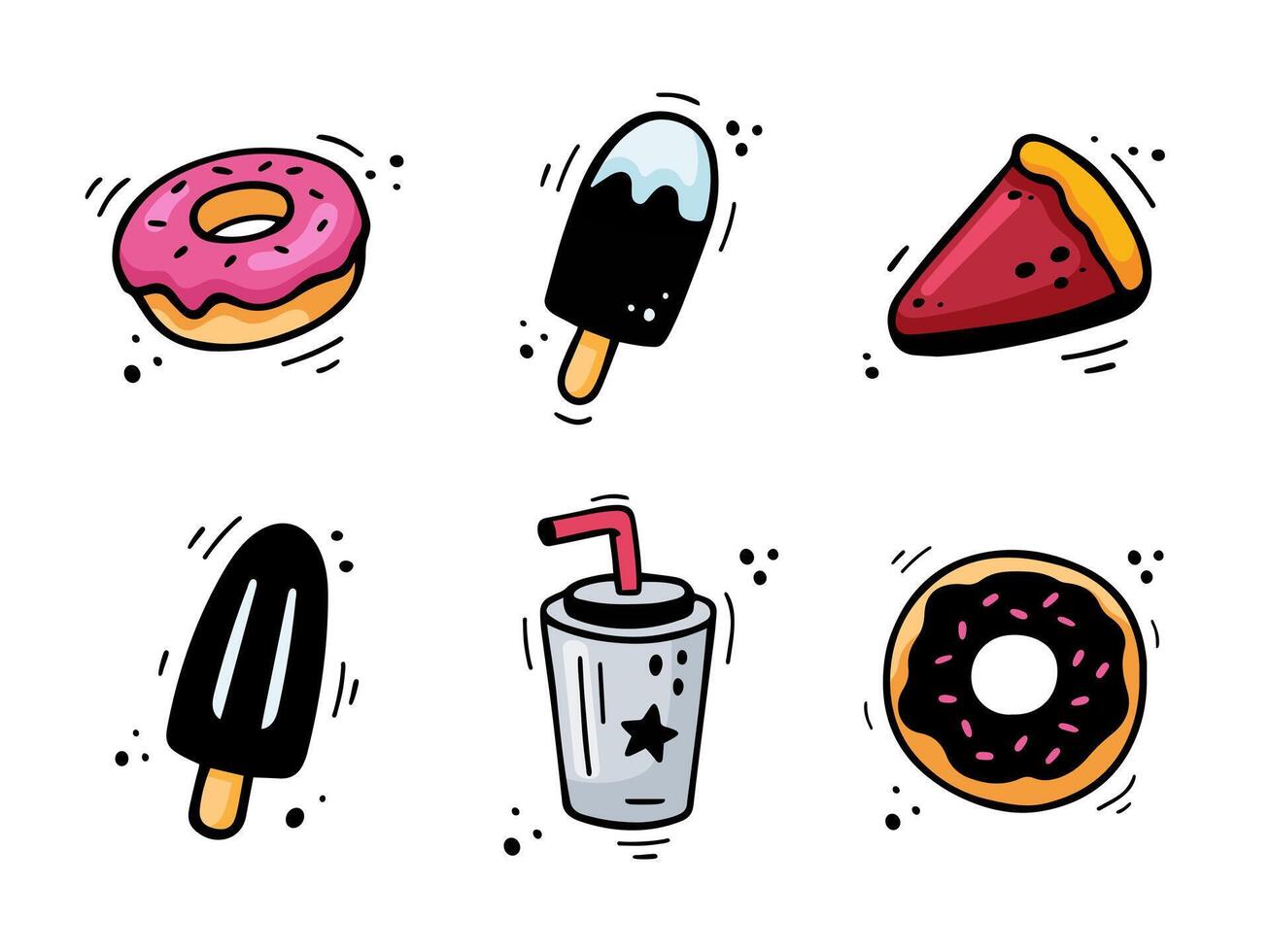 Hand drawn fast food desserts icons. Sketch of snack elements - ice cream, donut, pie, soda beverage, milk shake. Fast food illustration in doodle style. Fast food collection isolated on white. vector