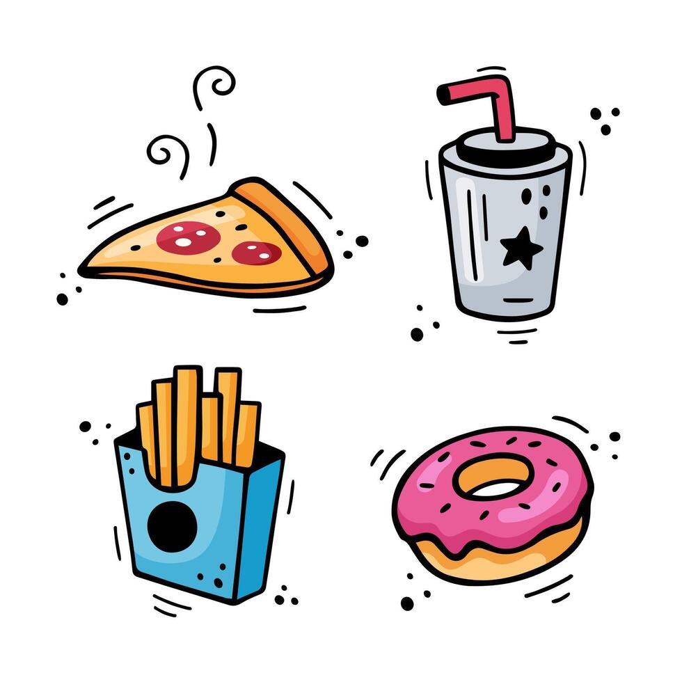 Fast food icons set - Pizza, French fries, paper cup with drink, donut. Hand drawn fast food combination. Comic doodle sketch style. Colorful snacks drawn with felt tip pen. Vector illustration