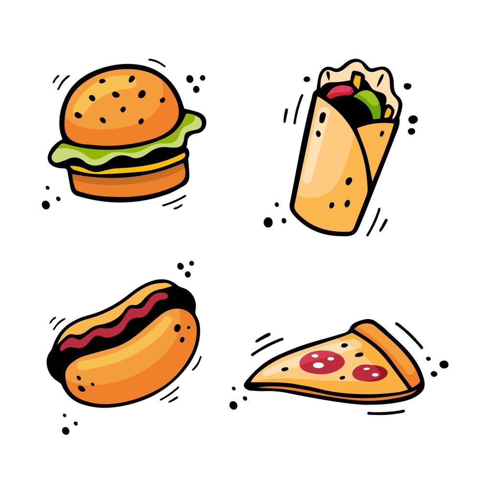 Hand drawn fast food icons Hot dog, Hamburger, Pizza, Doner Kebab. Sketch of snack elements isolated on white background. Fast food illustration in doodle style. Fast food collection. vector