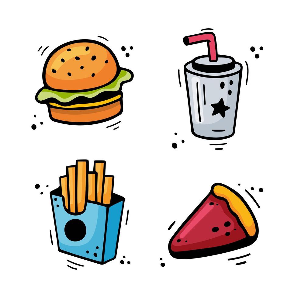 Fast food icons set - Hamburger, French fries, paper cup with drink, pie, cake. Hand drawn fast food combo. Comic doodle sketch style. Colorful snacks drawn with felt tip pen. Vector illustration