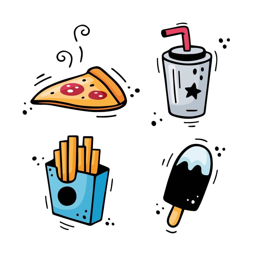 Fast food icons set - Pizza, French fries, paper cup with drink, Ice cream. Hand drawn fast food combo. Comic doodle style. Colorful snacks drawn with felt tip pen. Vector illustration