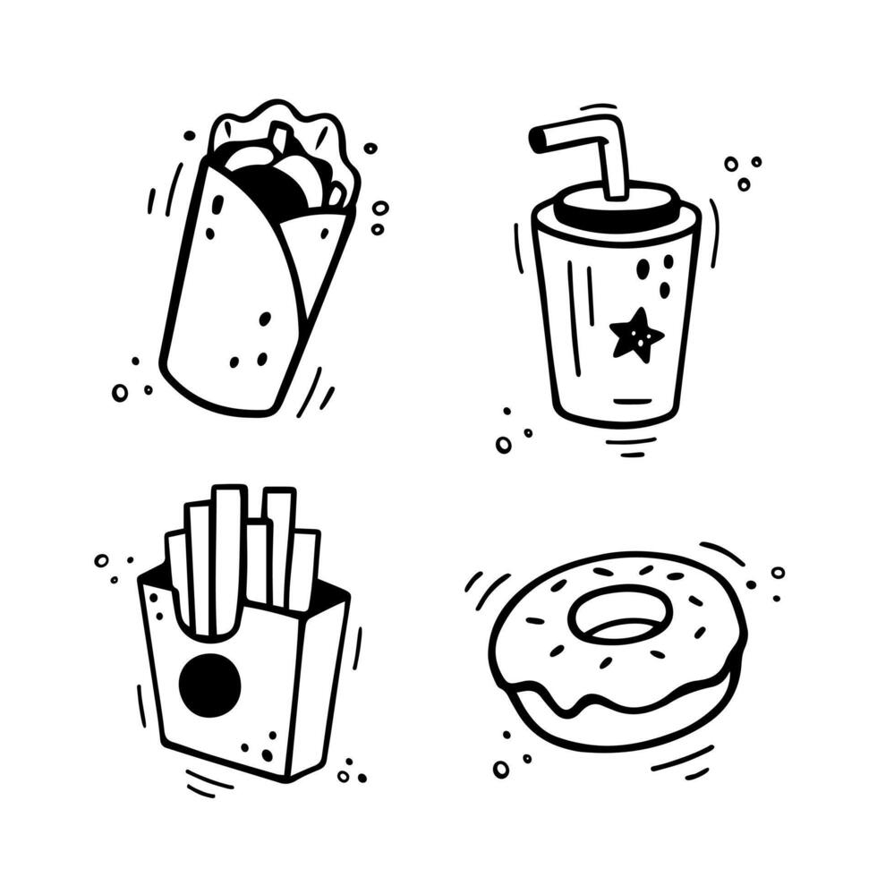 Fast food icons set - shawarma, burrito, French fries, paper cup with drink, donut. Hand drawn fast food combo. Comic doodle style. Snacks drawn with felt tip pen. Vector illustration