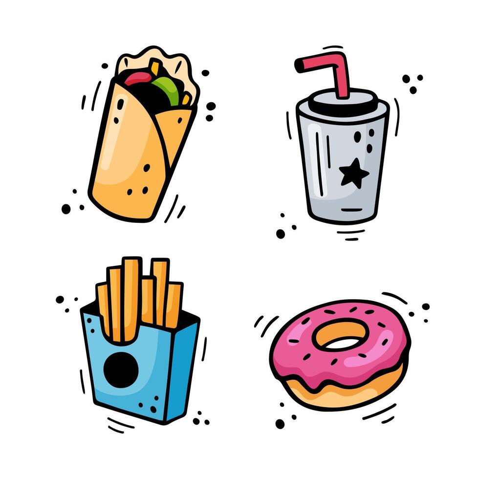 Fast food icons set - shawarma, burrito, French fries, paper cup with drink, donut. Hand drawn fast food combo. Comic doodle style. Colorful snacks drawn with felt tip pen. Vector illustration