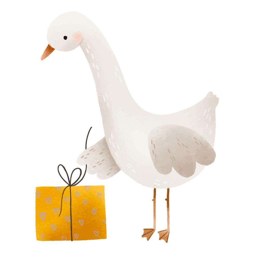 holiday illustration of a cartoon goose with a gift. Opening gif vector