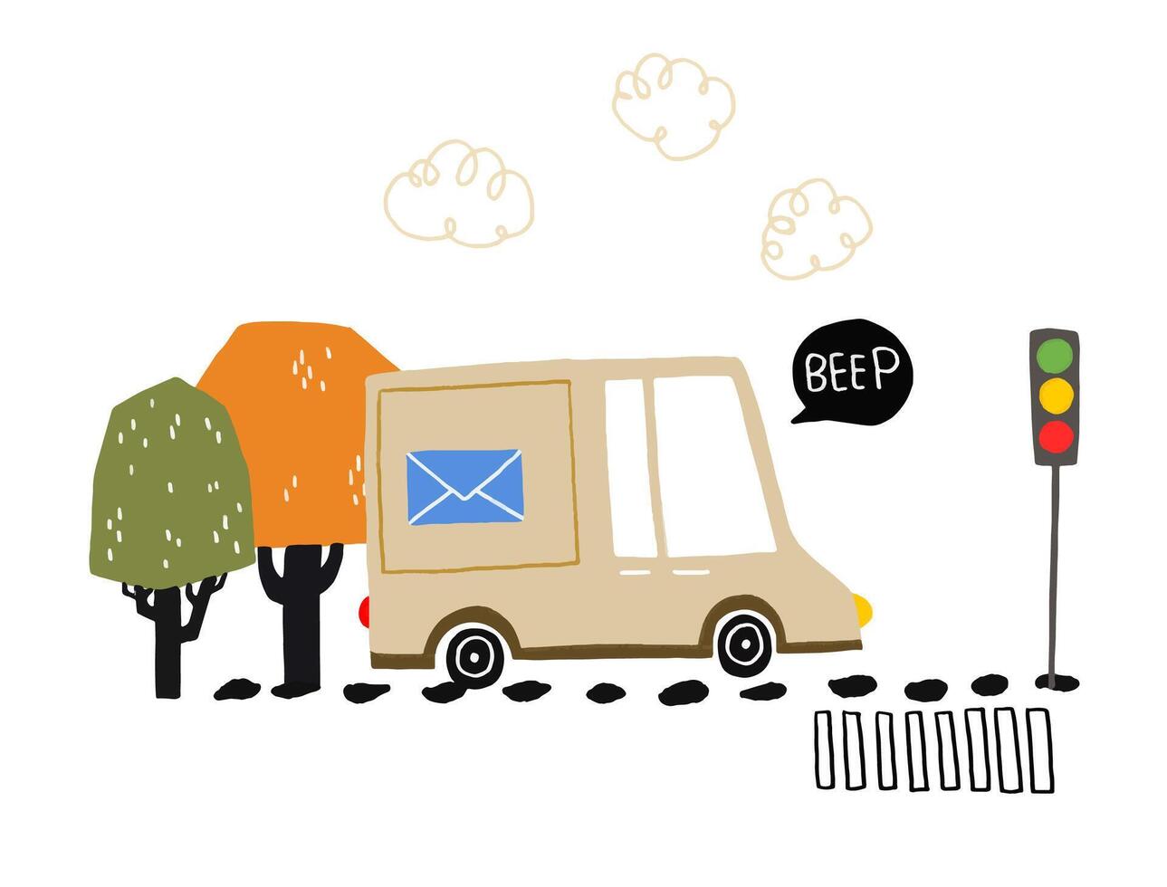 un sencillo para niños ilustración con un entrega coche en el ciudad vector