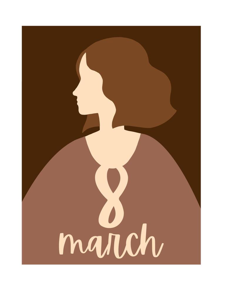 saludo tarjeta para internacional De las mujeres día. niña retrato en plano estilo. 8 marzo carteles diseño con letras vector