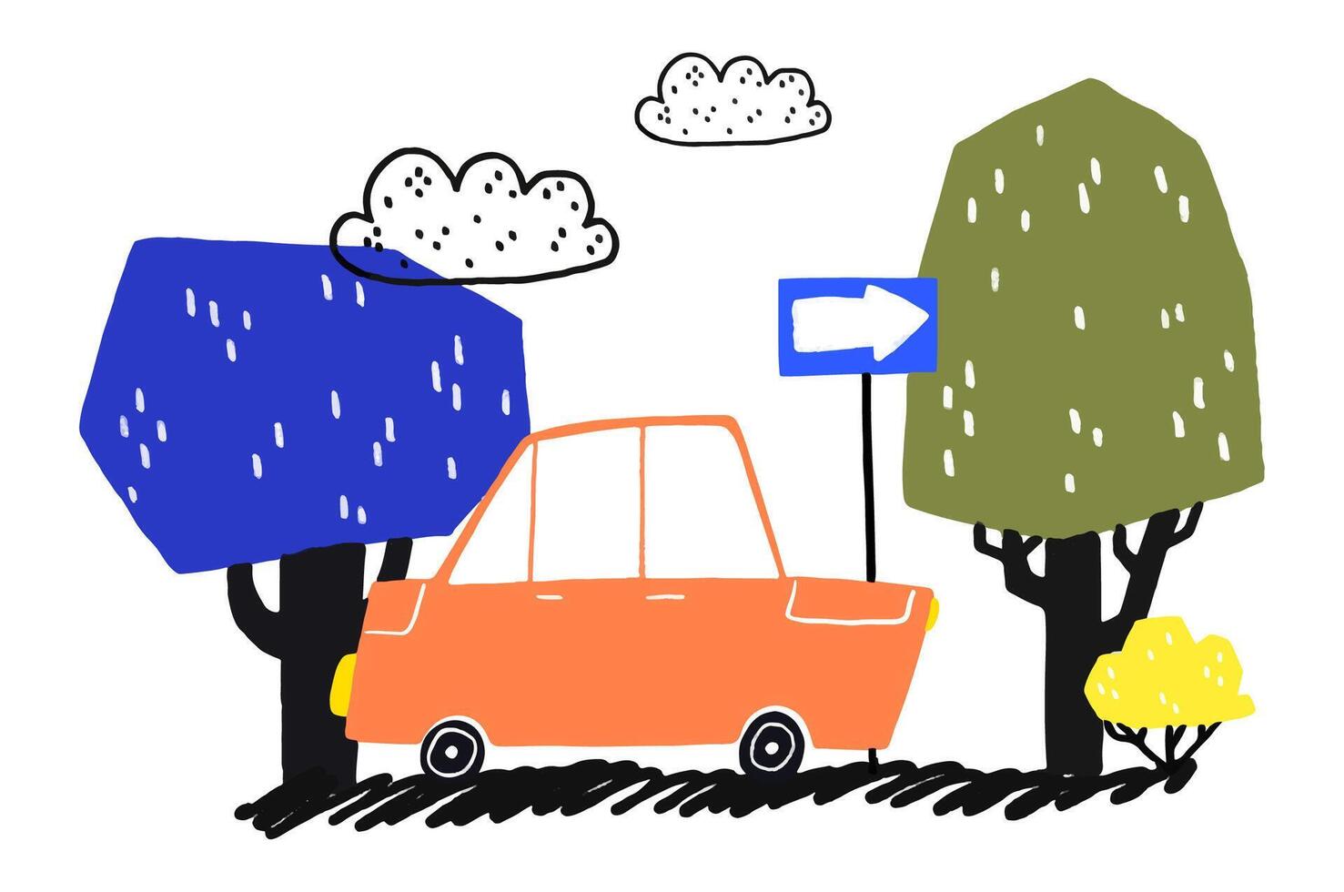 A simple children's illustration with a car. A poster with an or vector