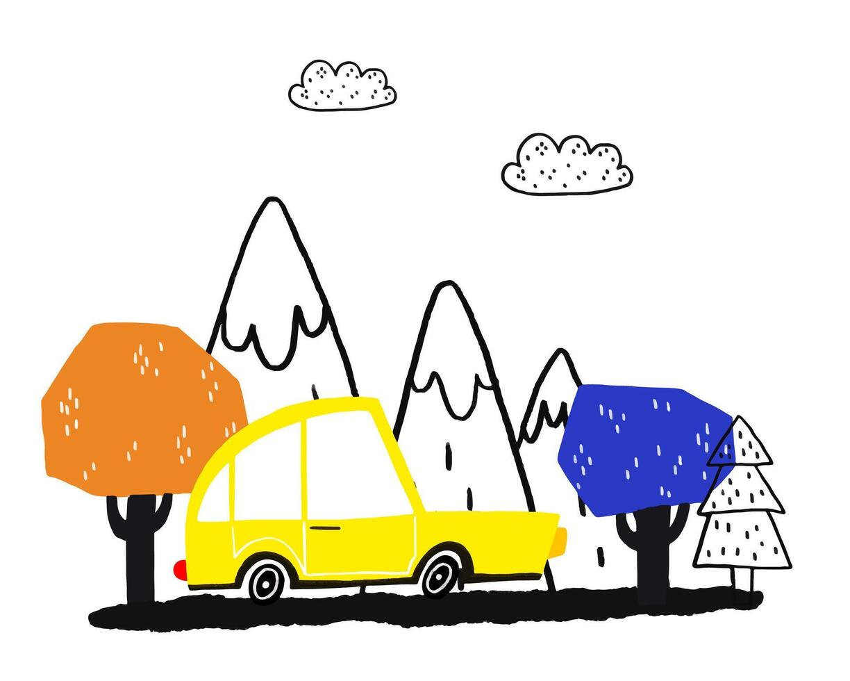 Posters with simple childish, cartoon passenger yellow car. Hand vector