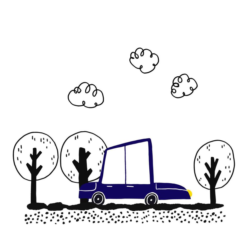 A simple children's illustration with a car. A poster with a blu vector