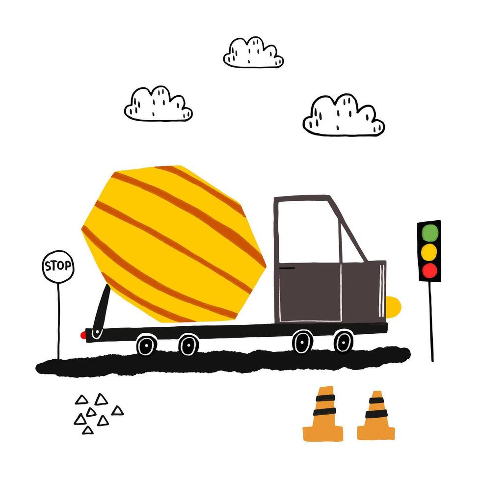 A simple children's illustration with a concrete mixer on a cons vector