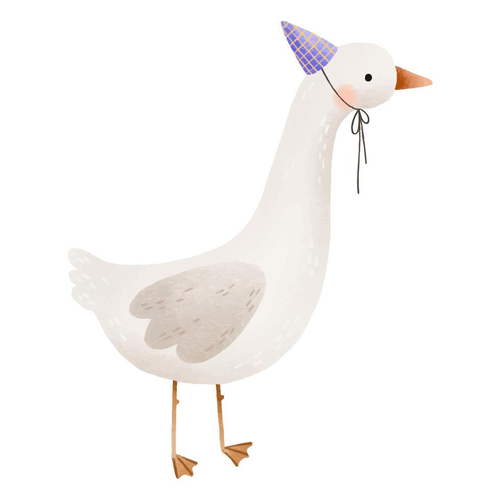 Cute cartoon goose with a festive cap on his head. Birthday illu vector