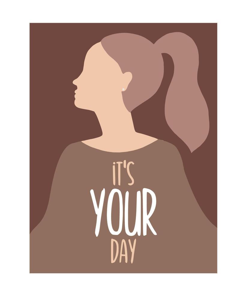 saludo tarjeta para internacional De las mujeres día. niña retrato en plano estilo. 8 marzo carteles diseño con letras vector