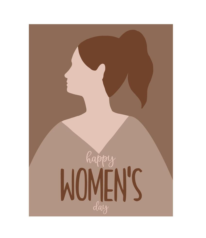 saludo tarjeta para internacional De las mujeres día. niña retrato en plano estilo. 8 marzo carteles diseño con letras vector
