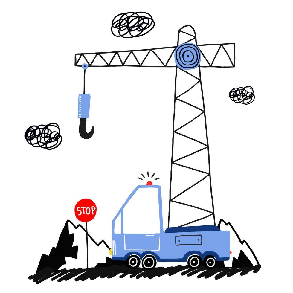 A simple children's illustration with a car. Poster with a blue vector