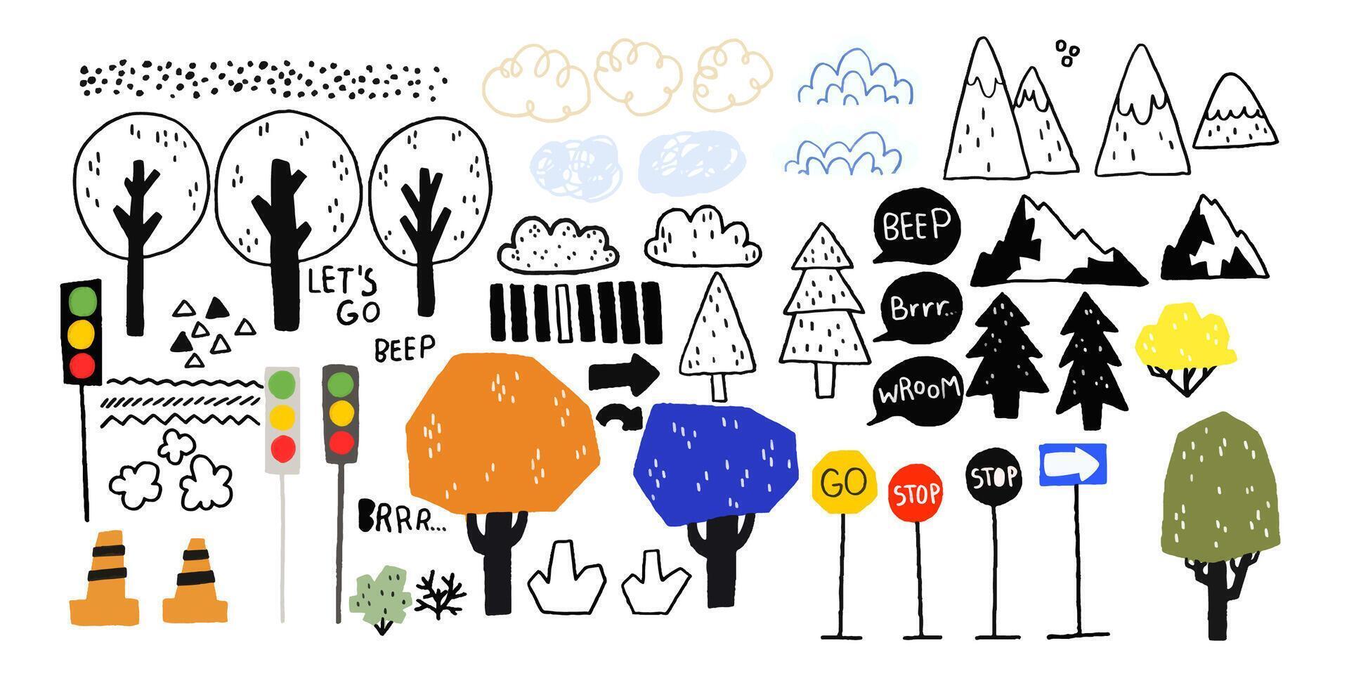 Set of nature landscape isolated elements. Isolated hand drawn i vector