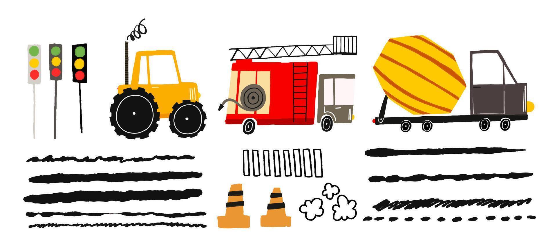 Repairing roads with construction equipment. Concrete mixer and vector