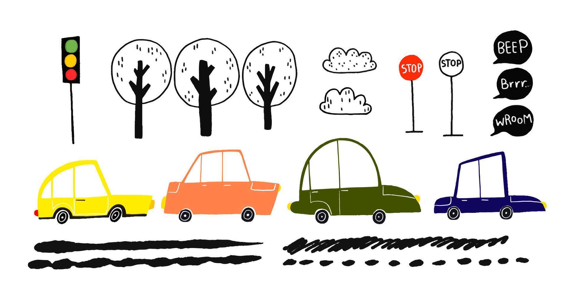 Set of urban elements. Trees, road signs, clouds and passenger c vector
