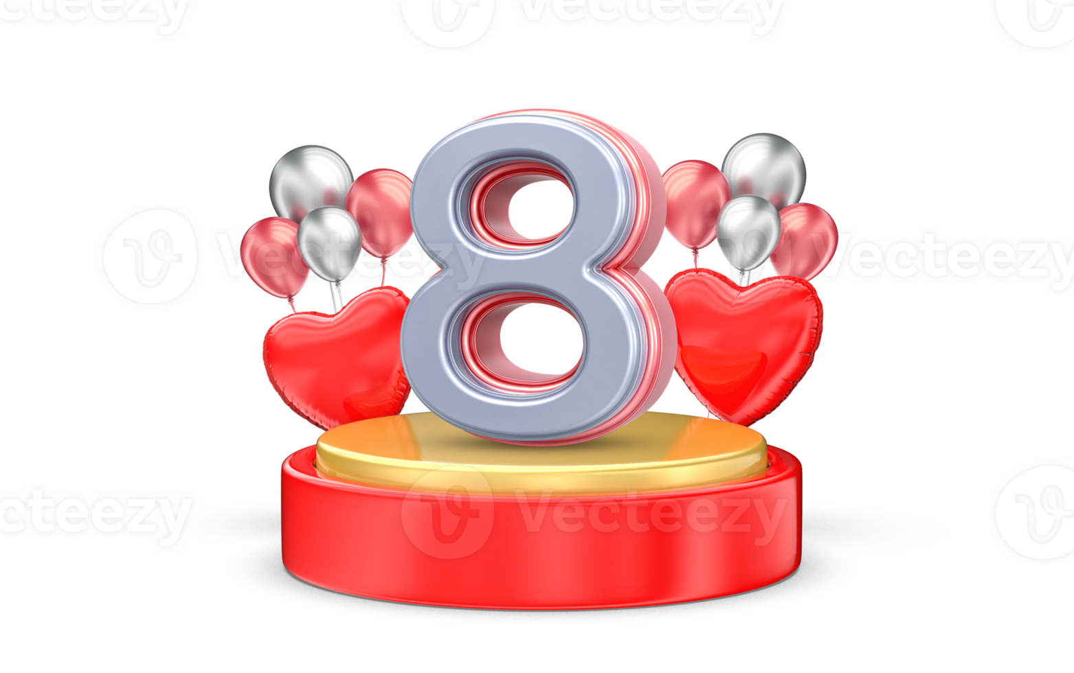 8 March Heart Red With Gold Podium 3D Render png
