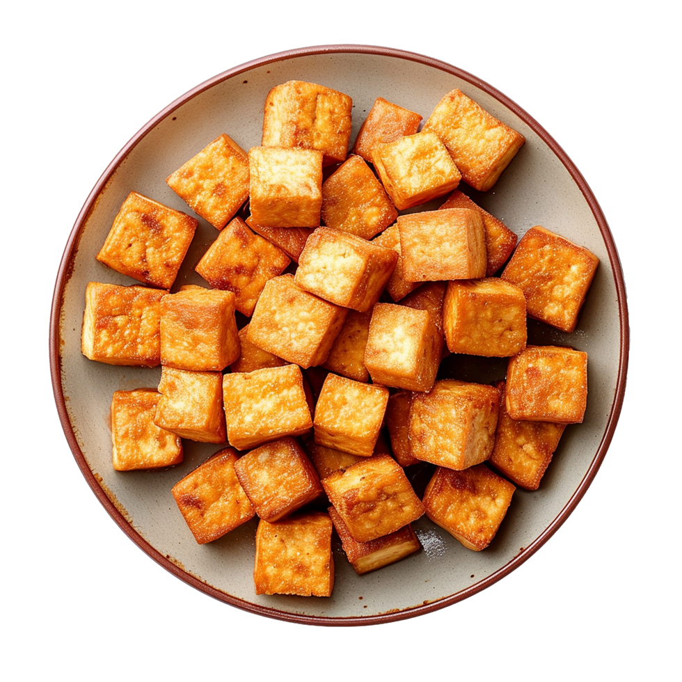 AI generated Plate of fried tofu cubes png isolated on transparent background