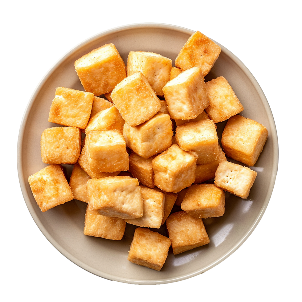 AI generated Plate of fried tofu cubes png isolated on transparent background