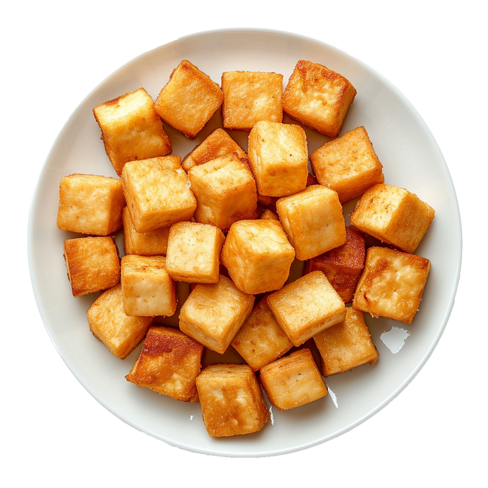 AI generated Plate of fried tofu cubes png isolated on transparent background