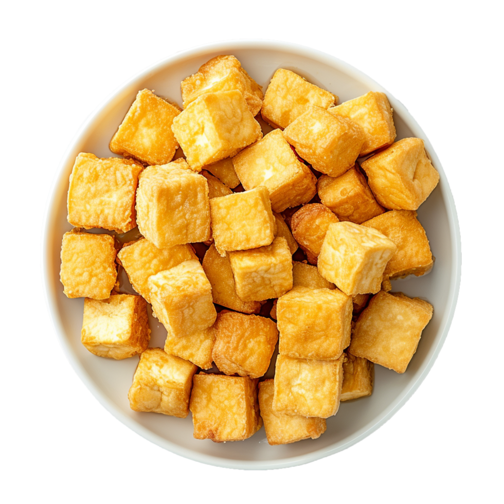 AI generated Plate of fried tofu cubes png isolated on transparent background