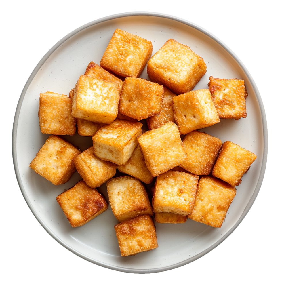 AI generated Plate of fried tofu cubes png isolated on transparent background