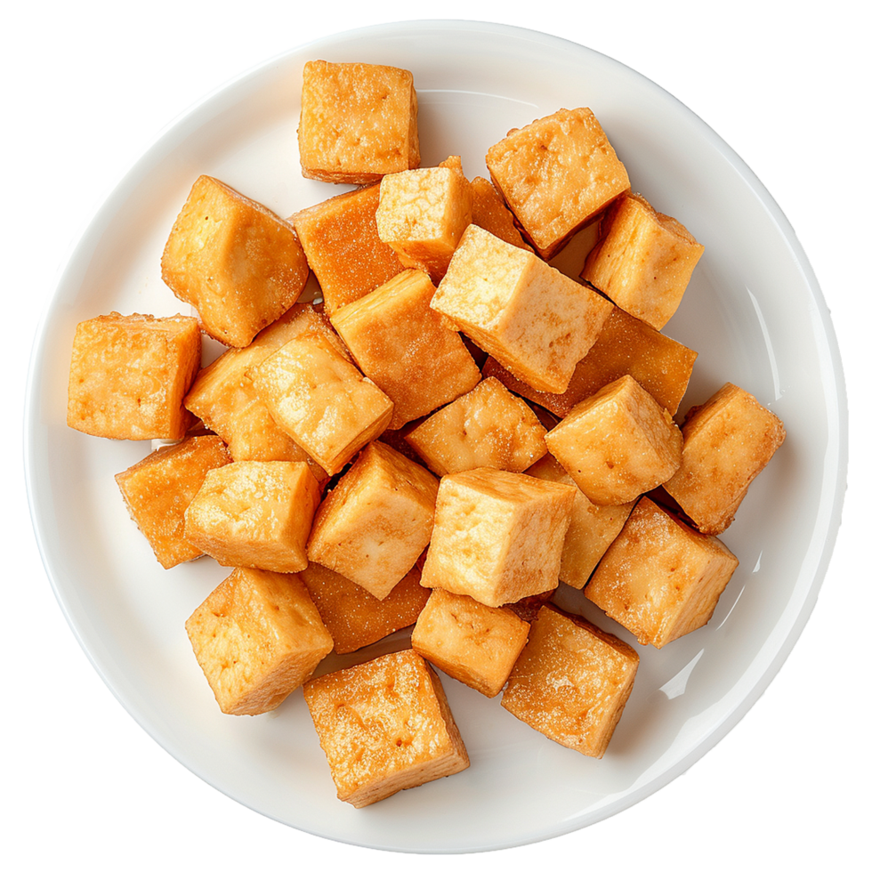 AI generated Plate of fried tofu cubes png isolated on transparent background
