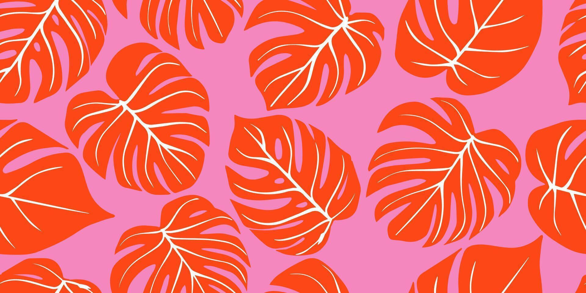 Monstera leaves seamless pattern, hand drawn tropical botanical, spring and Summer time, flat style, natural ornaments for textile, fabric, wallpaper, background. Vector illustration.