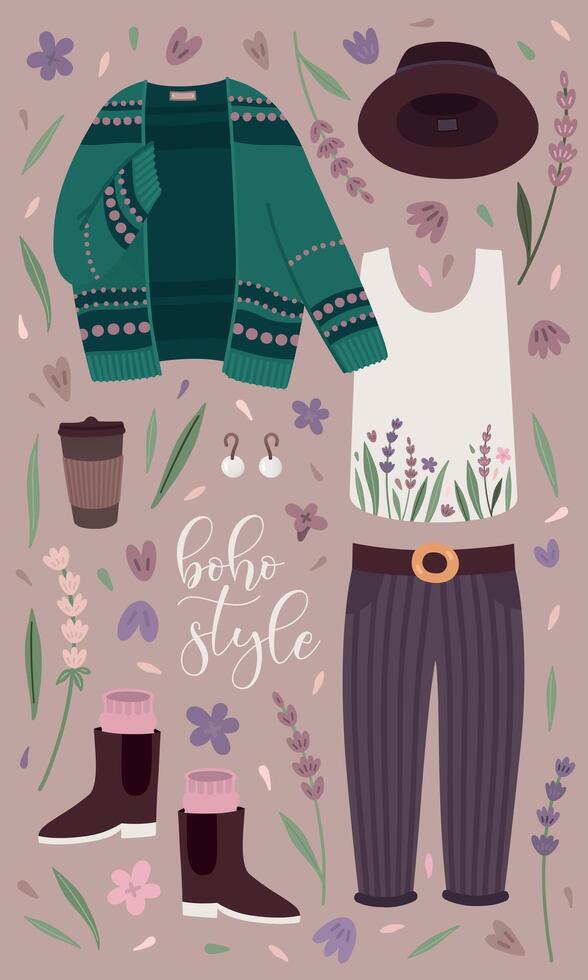 Boho outfit collection with cardigan vector