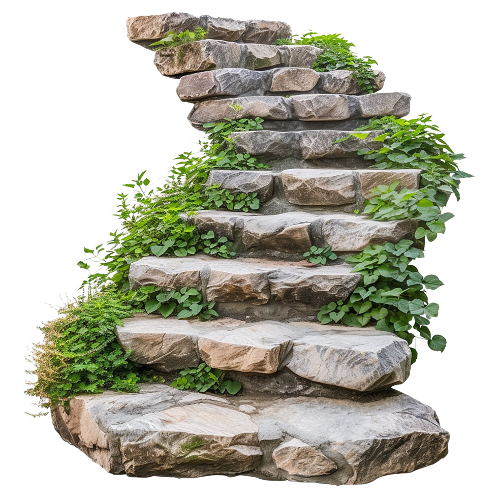 AI generated Cut out stairs made of large stone steps staircase lined with green plants isolated on transparent background png