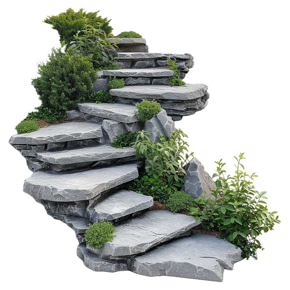 AI generated Cut out stairs made of large stone steps staircase lined with green plants isolated on transparent background png