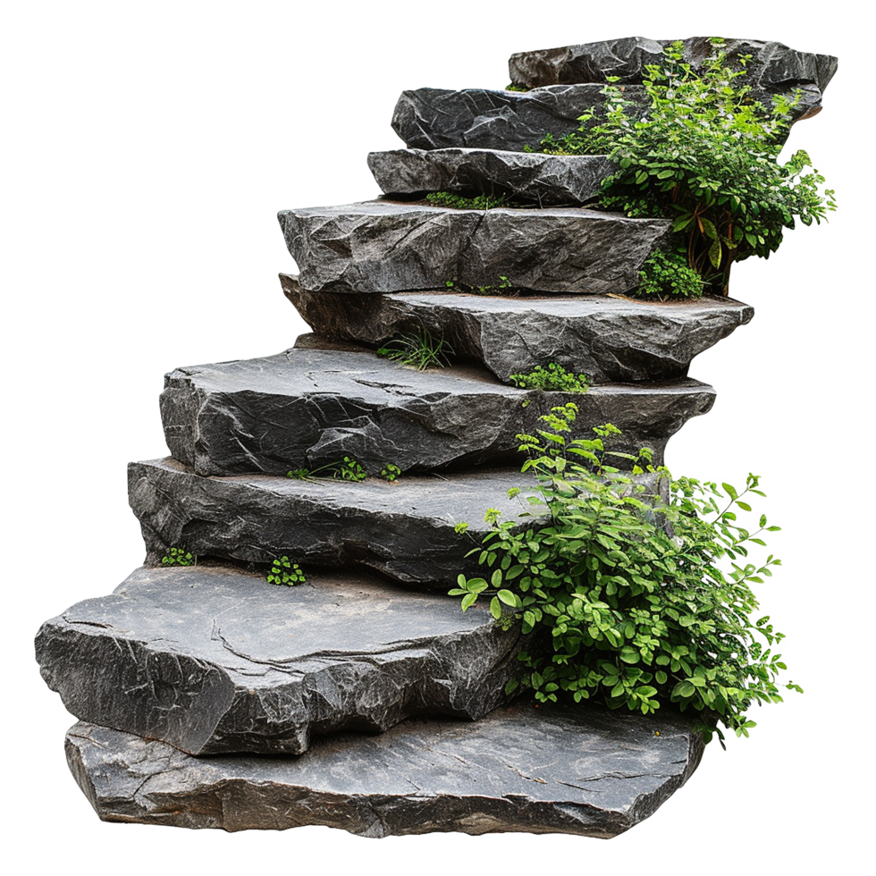 AI generated Cut out stairs made of large stone steps staircase lined with green plants isolated on transparent background png