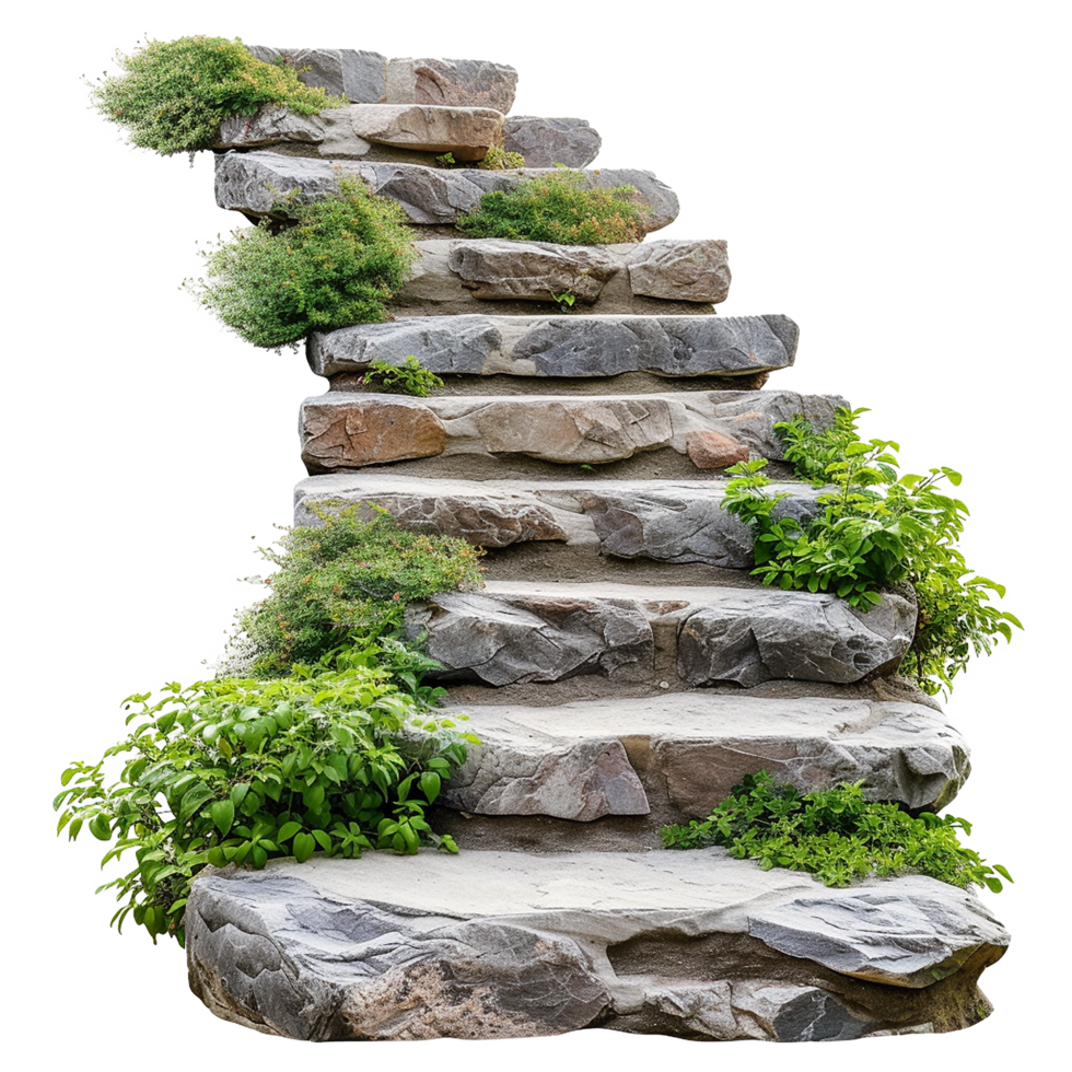 AI generated Cut out stairs made of large stone steps staircase lined with green plants isolated on transparent background png