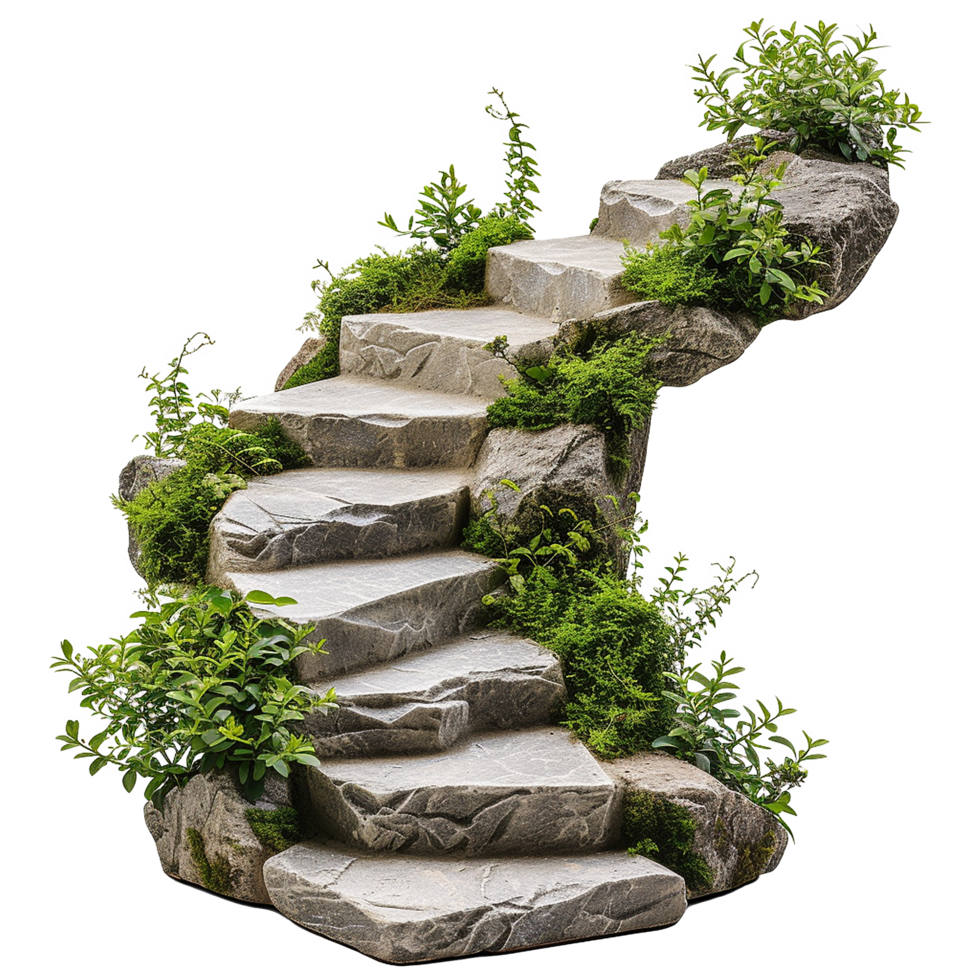 AI generated Cut out stairs made of large stone steps staircase lined with green plants isolated on transparent background png