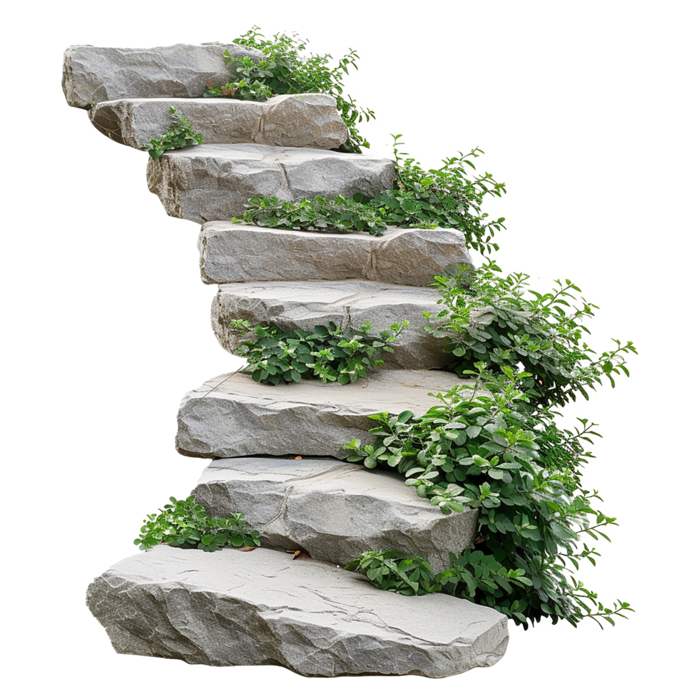 AI generated Cut out stairs made of large stone steps staircase lined with green plants isolated on transparent background png