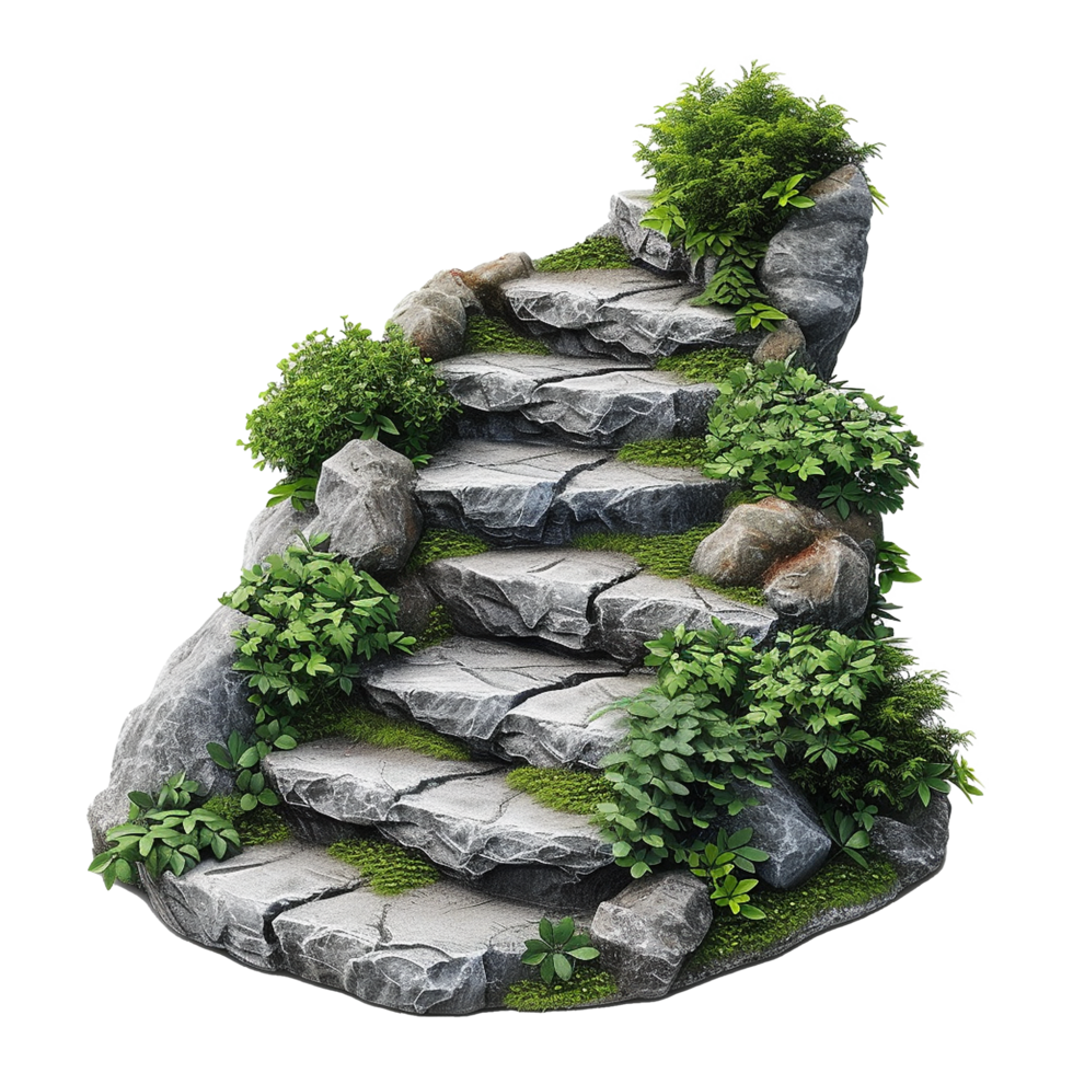 AI generated Cut out stairs made of large stone steps staircase lined with green plants isolated on transparent background png