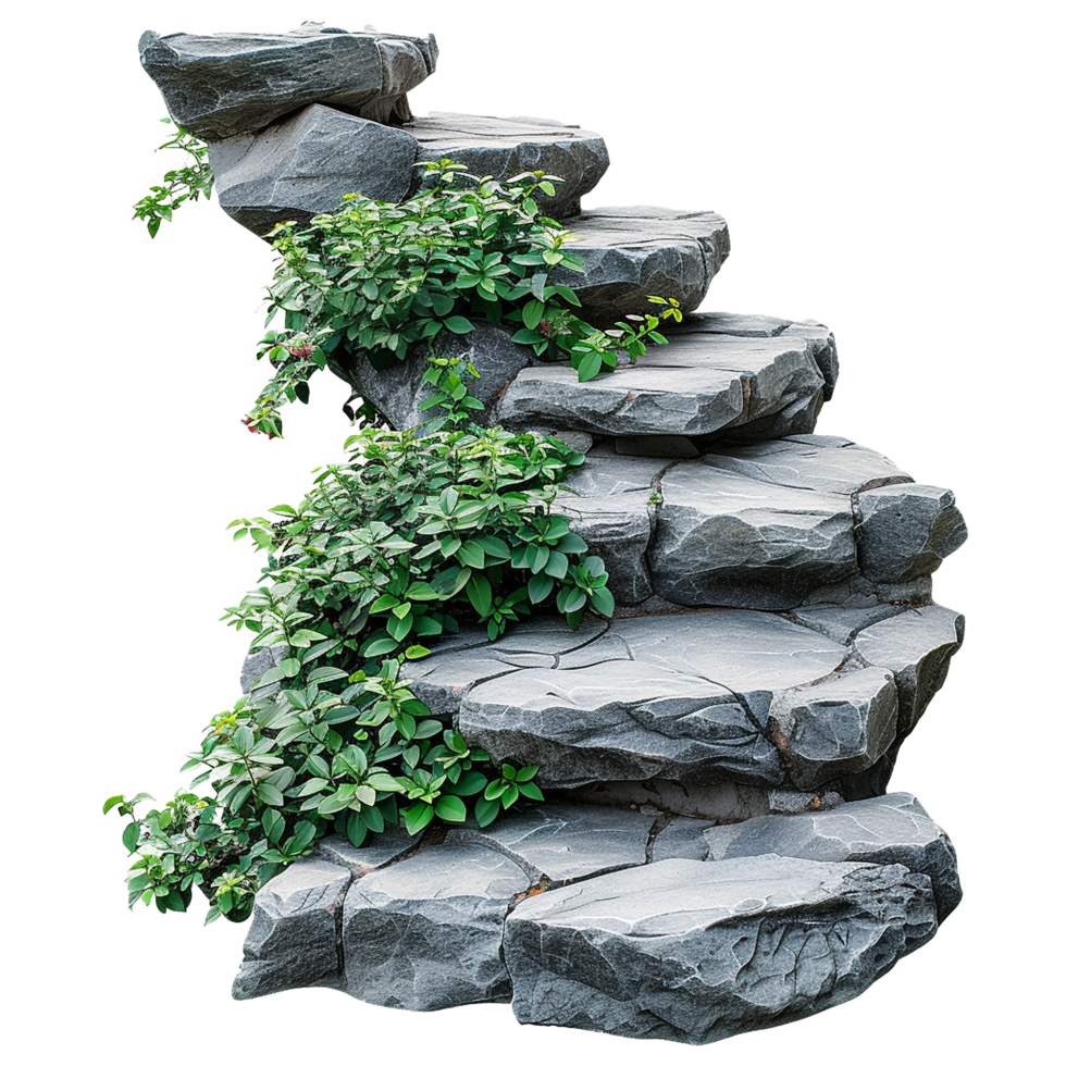 AI generated Cut out stairs made of large stone steps staircase lined with green plants isolated on transparent background png