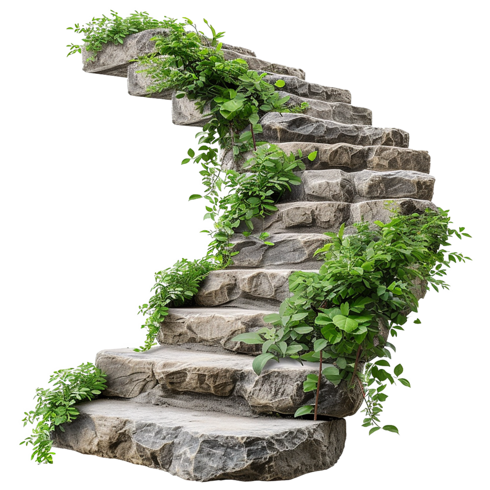 AI generated Cut out stairs made of large stone steps staircase lined with green plants isolated on transparent background png