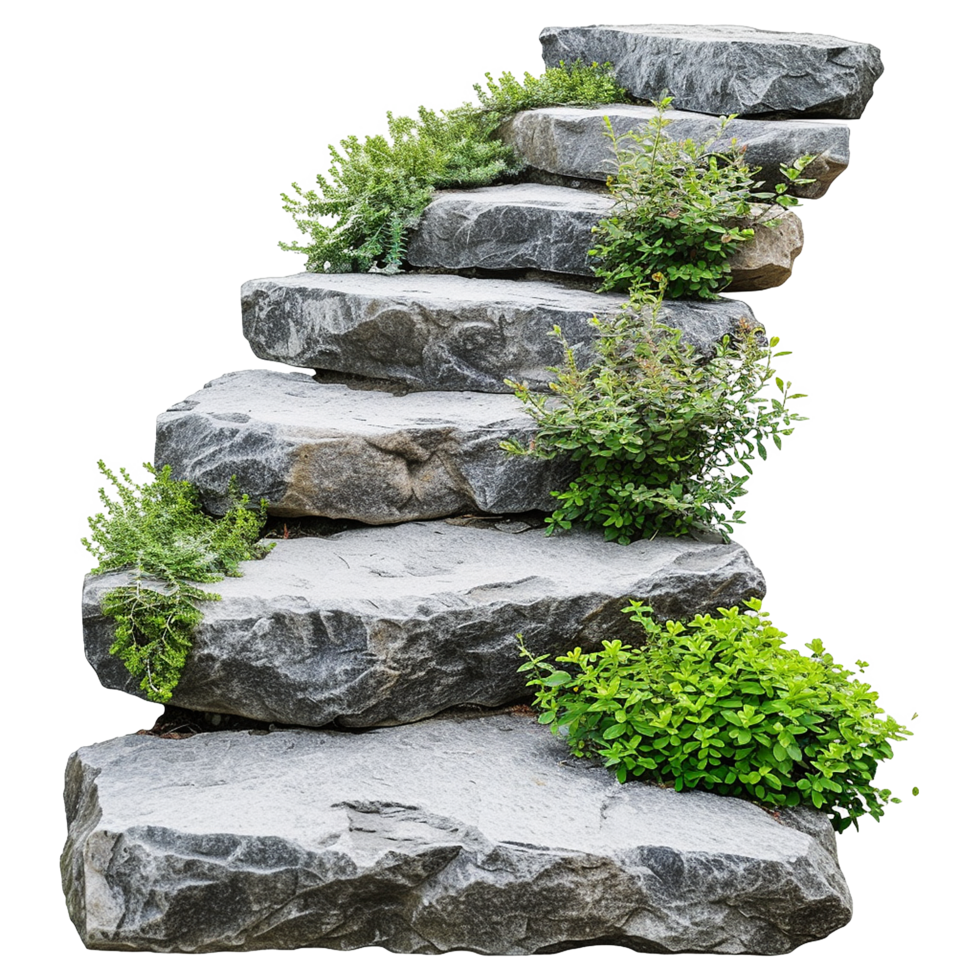 AI generated Cut out stairs made of large stone steps staircase lined with green plants isolated on transparent background png