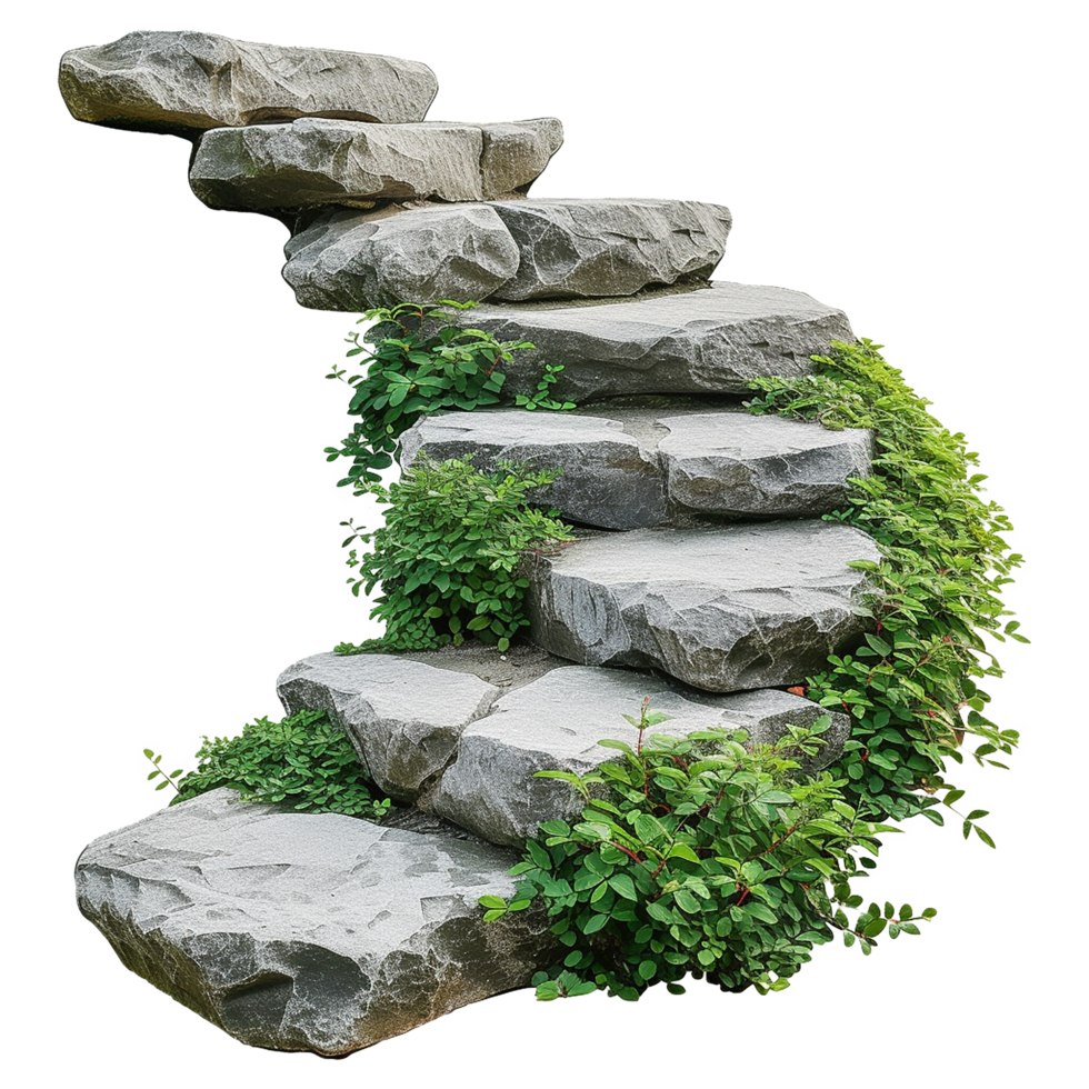 AI generated Cut out stairs made of large stone steps staircase lined with green plants isolated on transparent background png