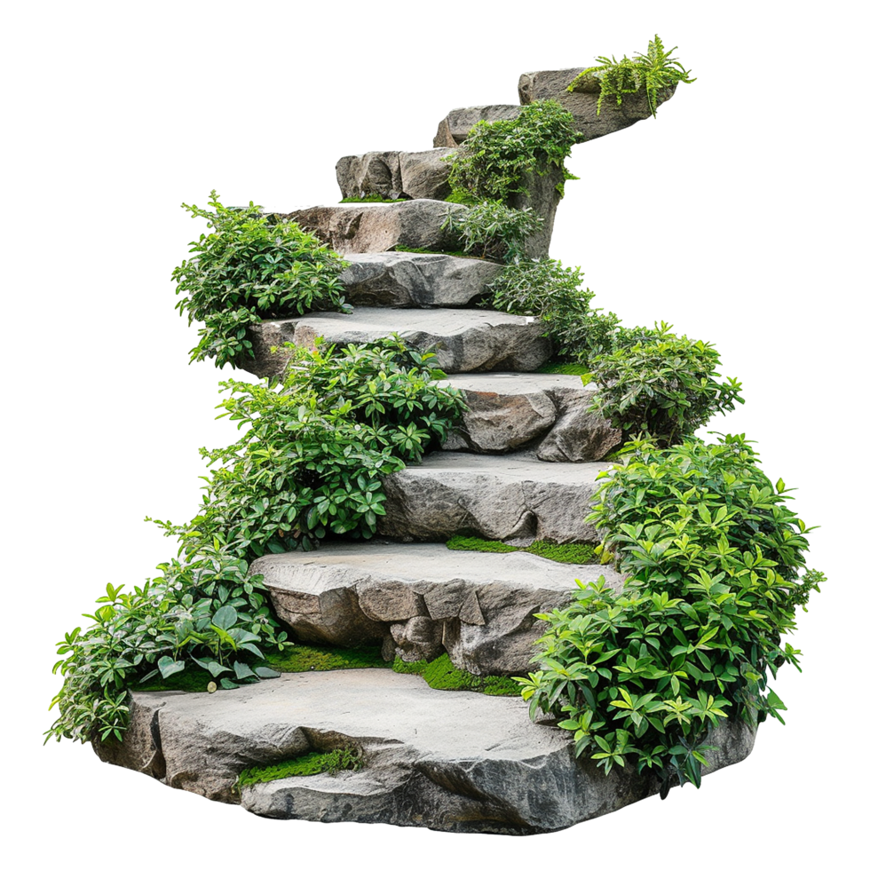 AI generated Cut out stairs made of large stone steps staircase lined with green plants isolated on transparent background png